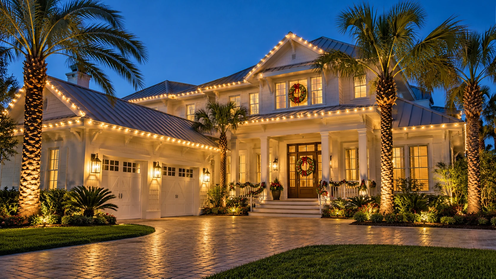 Elegant coastal house with warm holiday lights