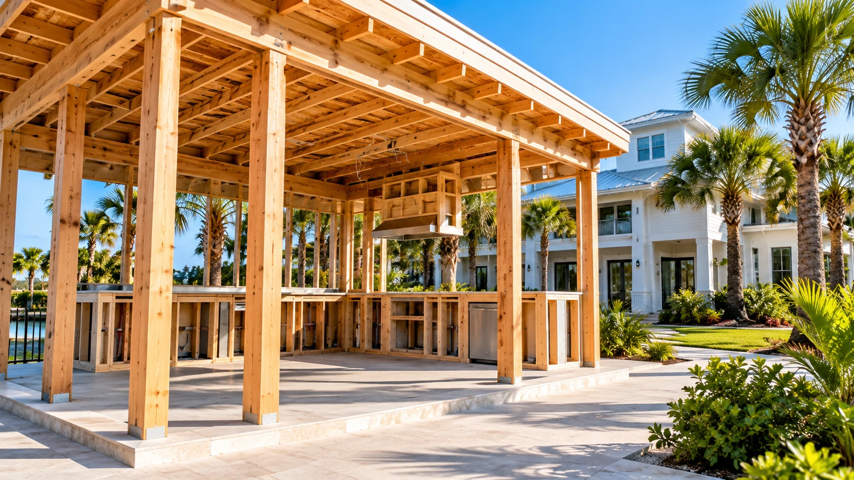 Wood framing for a new covered outdoor construction project