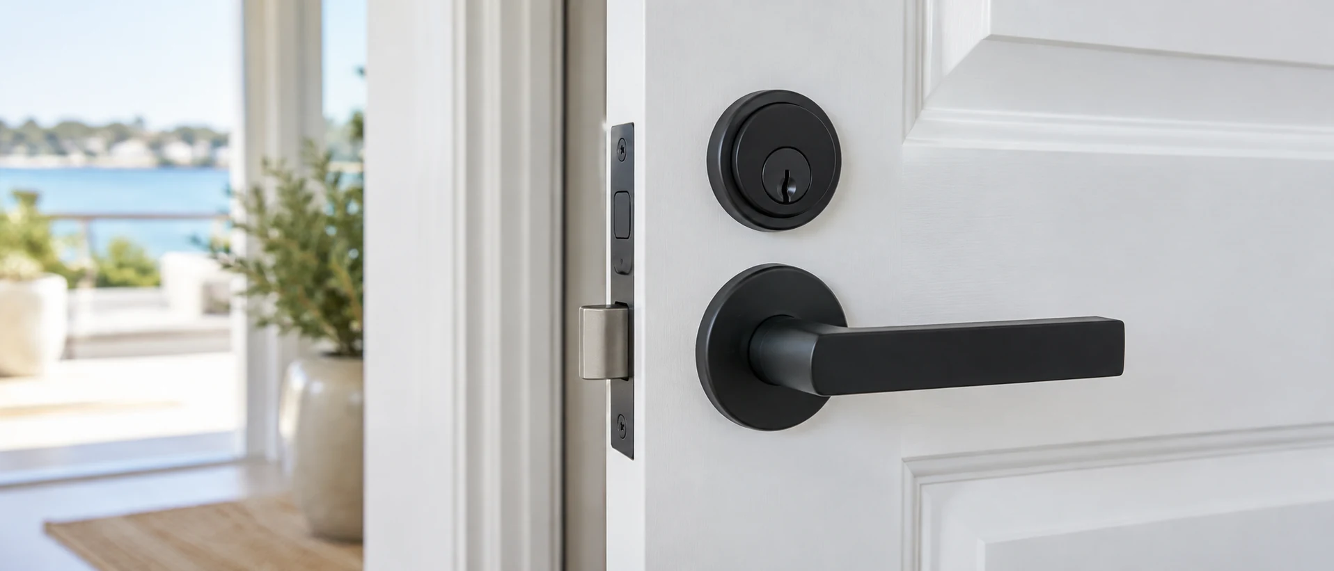 Modern matte black lock and door handle