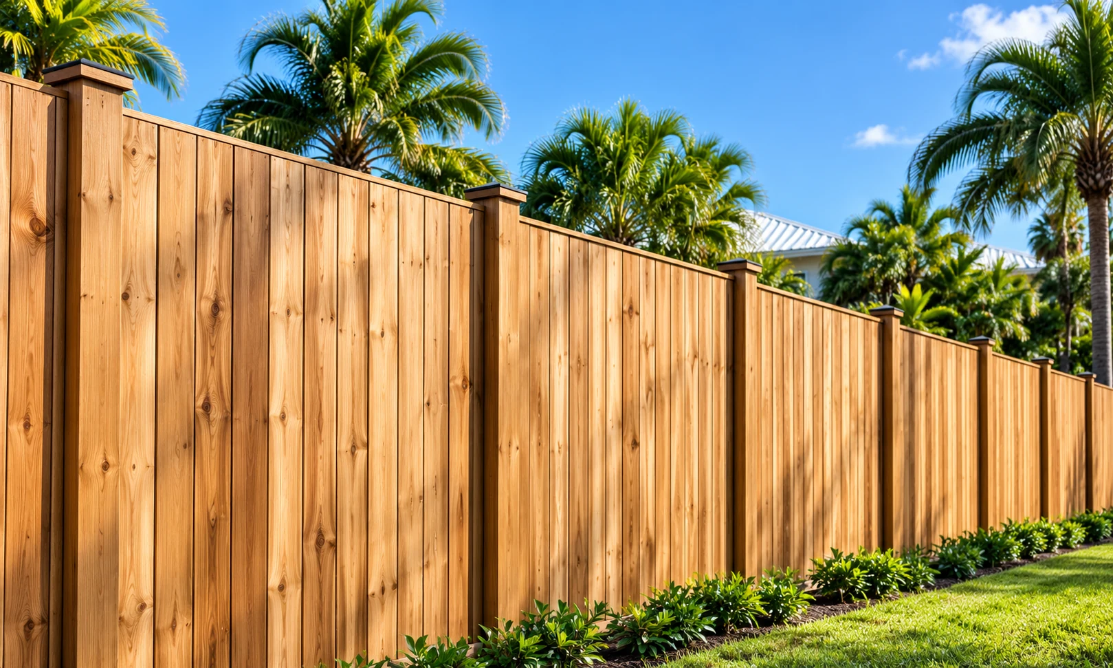 Finished cedar privacy fence in a tropical coastal yard